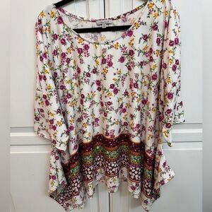 White Birch Floral Blouse with Pink and Yellow. Boho vibes size 3X